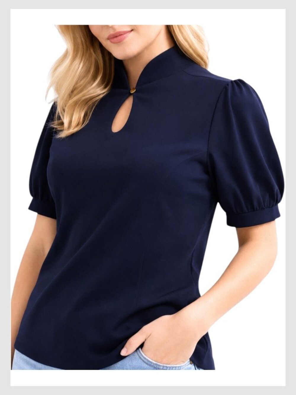 Anthropologie Blouse Navy Keyhole Puff Sleeve Top M